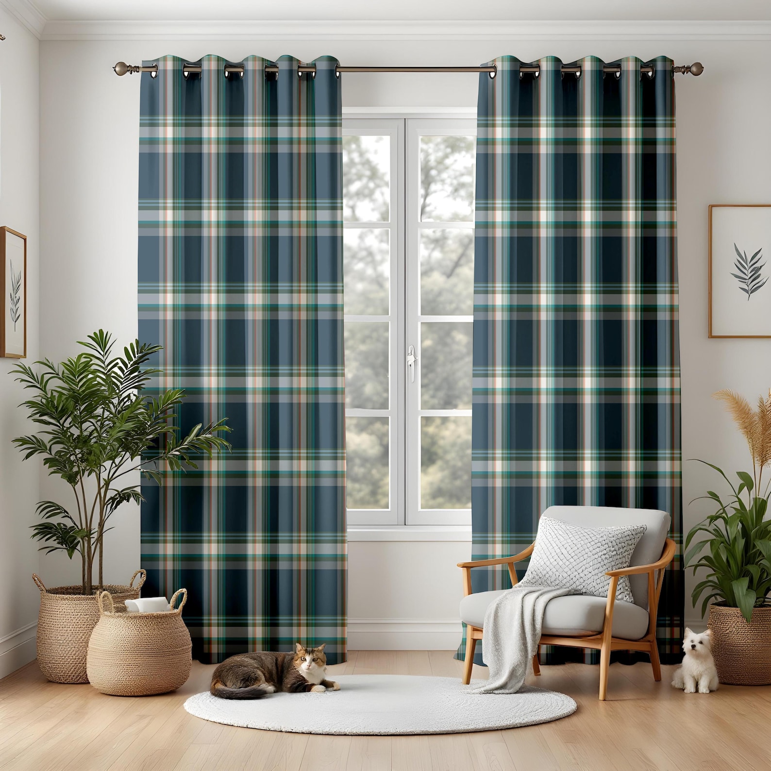Classic Plaid Living Room Curtains, Navy Green Tartan Drapes, Cozy