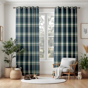 Classic Plaid Living Room Curtains, Navy Green Tartan Drapes, Cozy Farmhouse Window Panels for Traditional Decor