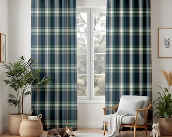 Cortinas clásicas de cuadros para sala de estar, cortinas de tartán azul marino y verde, paneles acogedores para ventanas de estilo rústico para una decoración tradicional.