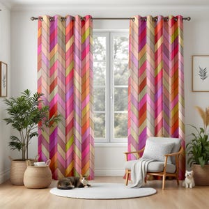 Colorful Chevron Living Room Curtains, Pink Red Orange Patterned Drapes, Bold Geometric Window Panels, Maximalist Home Decor