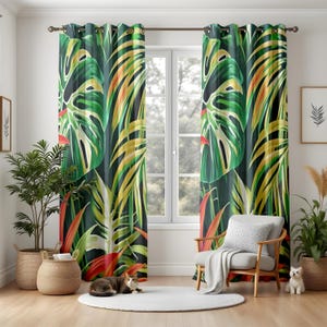 Tropical Jungle Leaf Curtains for Living Room, Vibrant Monstera and Palm Print Drapes, Bold Botanical Window Panels