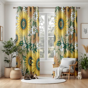 Sunflower Floral Blackout Curtains, Rustic Farmhouse Living Room Drapes, Cottagecore Botanical Window Panels, Cozy Home Decor