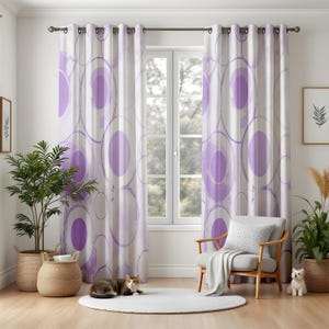 Retro Lavender Circle Curtains, Purple Geometric Drapes, Modern Pop Art Window Panels, Pastel Living Room or Bedroom Decor