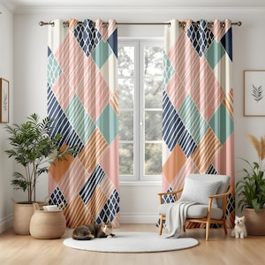 Modern Geometric Patchwork Curtains, Colorful Window Drapes, Pastel Boho Living Room Decor, Striped Abstract Panels