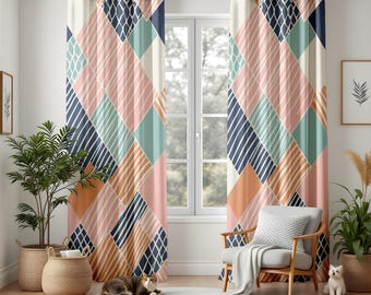 Modern Geometric Patchwork Curtains, Colorful Window Drapes, Pastel Boho Living Room Decor, Striped Abstract Panels