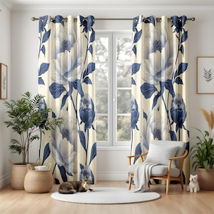 Navy Blue Floral Blackout Curtains, Elegant Peony Window Panels for Living Room, Cream and Indigo Botanical Drapes, Custom