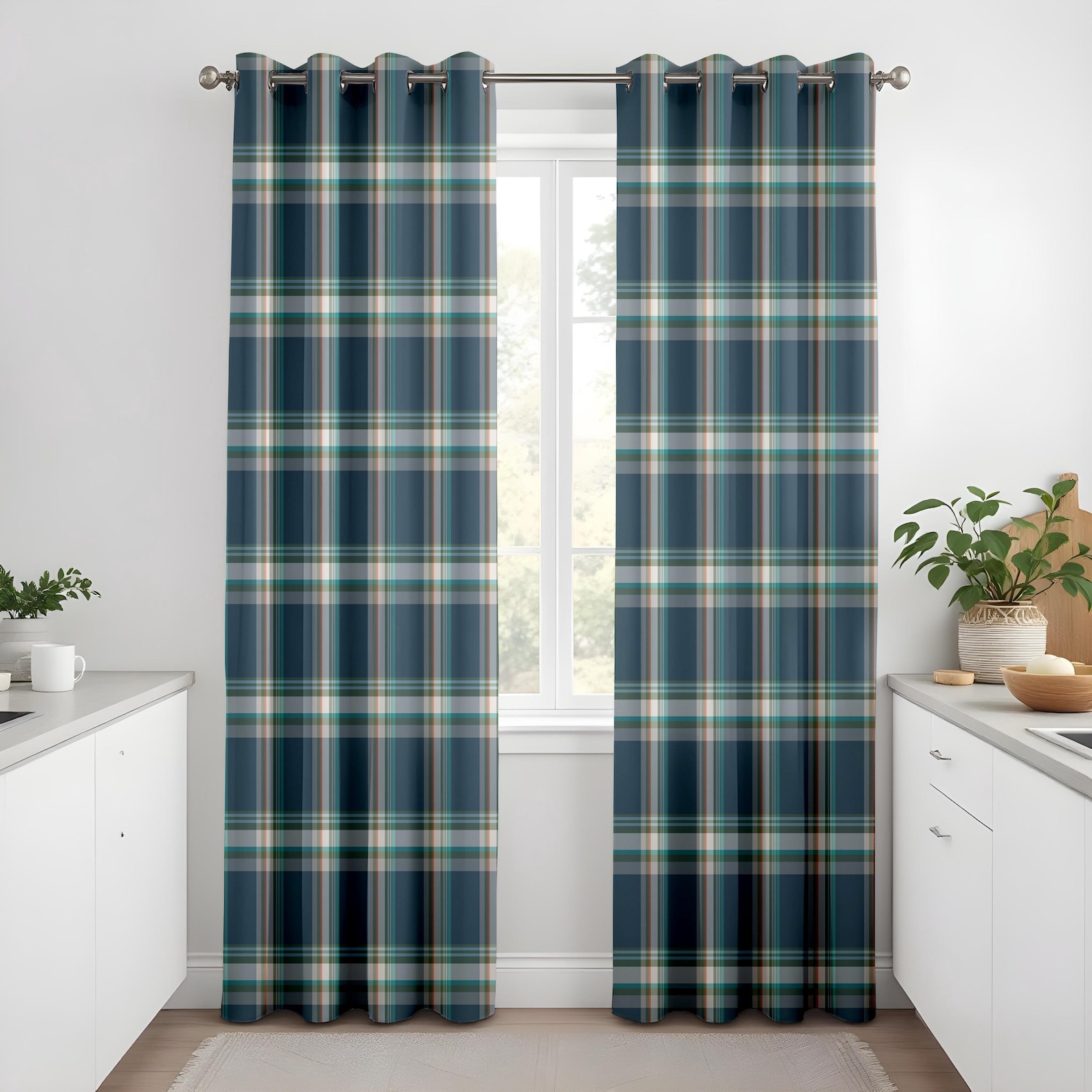 Classic Plaid Living Room Curtains, Navy Green Tartan Drapes, Cozy ...