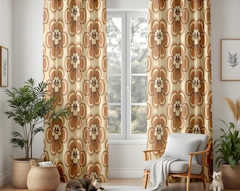 レトロな花柄パネルカーテン、オレンジ色の花柄遮光カーテンパネル、70