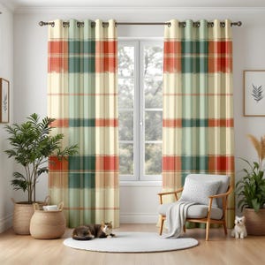 Rustic Farmhouse Window Curtains, Country Plaid Drapes, Cozy Living Room Decor, Earthy Tartan Style Panels