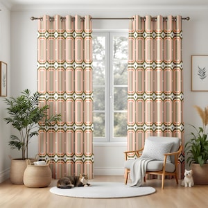 Retro Geometric Living Room Curtains, Olive Green & Coral Pattern Panels, Mid-Century Modern Window Drapes, Mod Art Home Decor