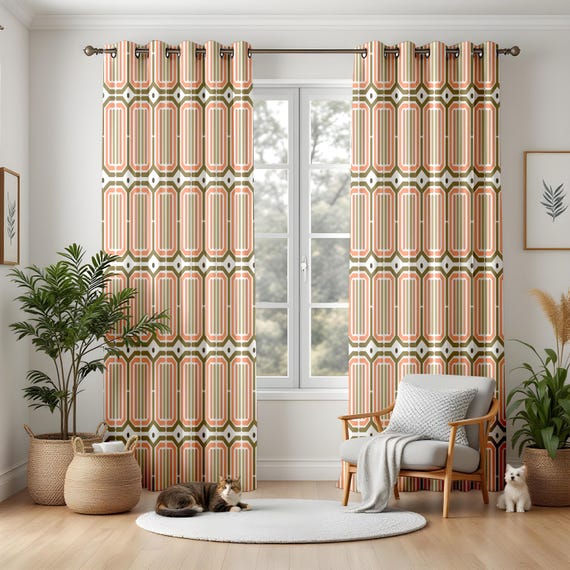 レトロな幾何学模様のリビングルームカーテン、オリーブグリーンと