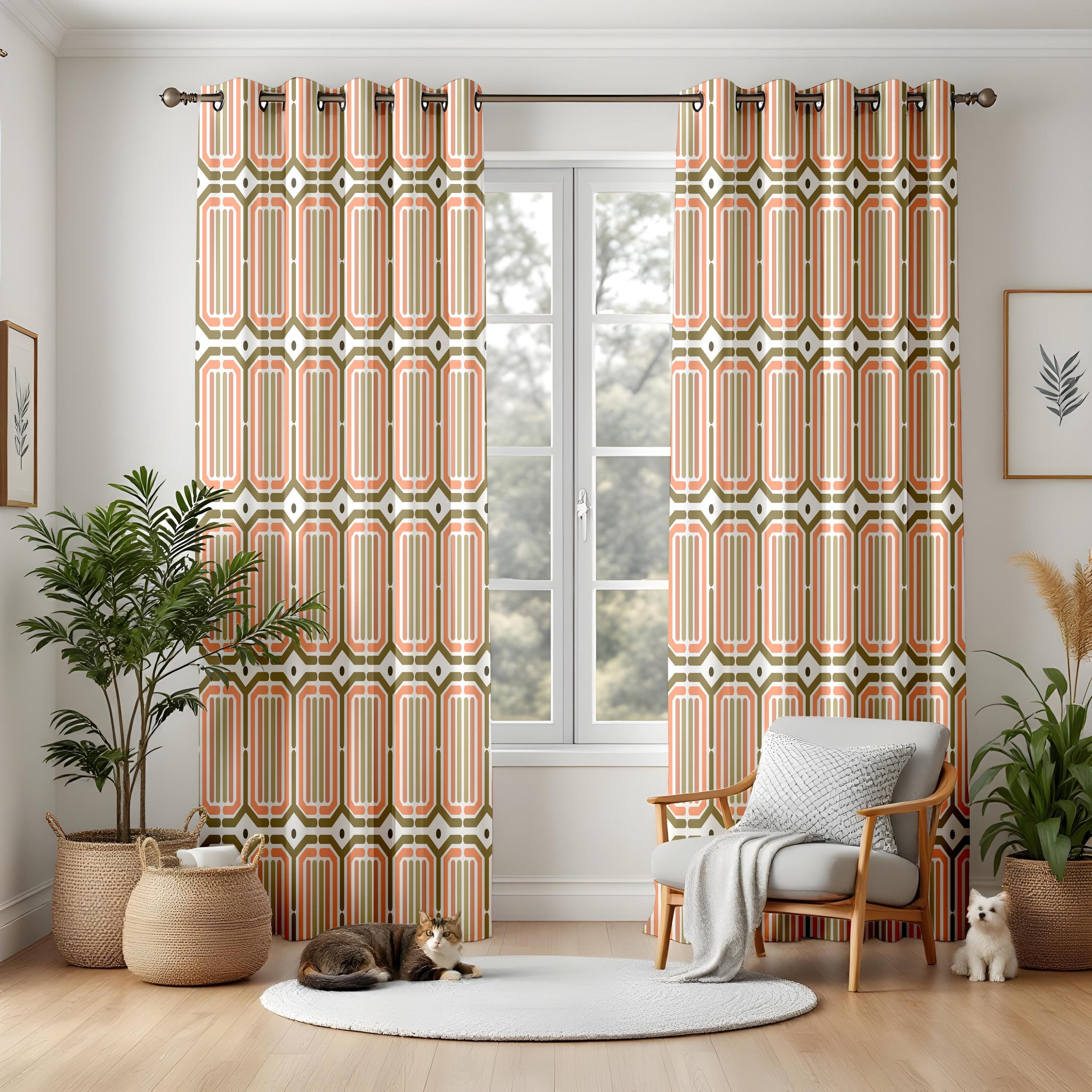 レトロな幾何学模様のリビングルームカーテン、オリーブグリーンと