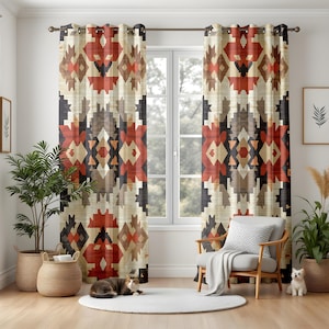 Southwestern Geometric Curtains, Tribal Diamond Pattern Drapes, Rustic Desert Style Window Panels for Living Room