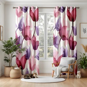 May include: Floral curtains with a repeating pattern of translucent tulips in pink, purple, and burgundy against a cream backdrop. The curtains are hung in front of a window, with a chair and plants in the room. The room has a cat and a dog.