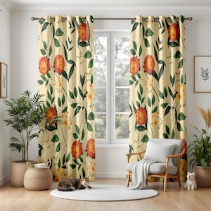 Cortinas con estampados florales botánicos para cocina o sala de estar, beige, verde y amarillo, paneles para ventanas de jardín campestre, decoración inspirada en la naturaleza.