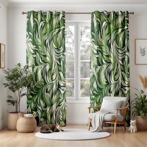 Tropical Leaf Pattern Kitchen Curtains, Green Botanical Print Drapes, Jungle Style Window Panels for Fresh Decor