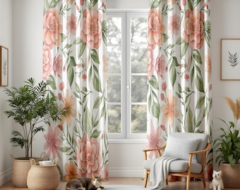 Coral Floral Blackout Curtains, Watercolor Peony Window Panels for Nursery & Living Room, White and Green Botanical Drapes