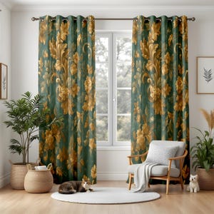 Emerald Green & Gold Damask Blackout Curtains, Classic Baroque Floral Drapes for Living Room, Custom Sized Window Panels