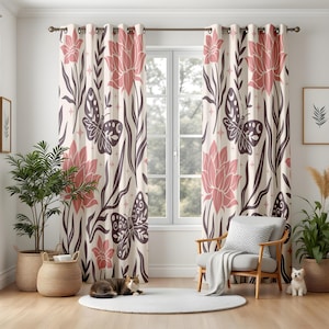 Butterfly and Floral Curtains for Living Room, Soft Pink Lotus Flower Drapes, Boho Botanical Window Panels