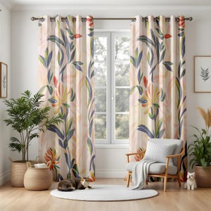 Modern Botanical Curtains for Living Room, Colorful Boho Floral Drapes, Soft Watercolor Leaf Print Panels, Spring Home Style