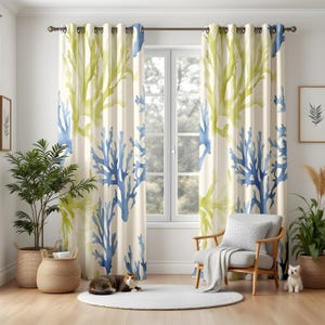Tropical Coral Reef Living Room Curtains, Blue and Green Sea Life Drapes, Coastal Ocean Inspired Window Panels, Beach Home Decor