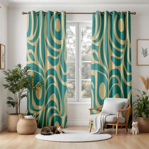 Retro Swirl Blackout Curtains, Teal & Gold Groovy Living Room Drapes, Mid-Century Modern Window Panels, Unique Home Decor