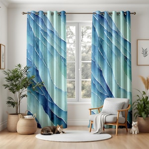 Watercolor Wave Pattern Curtains, Blue and Turquoise Ocean Drapes, Modern Coastal Living Room Panels, Sea-Inspired Window Decor