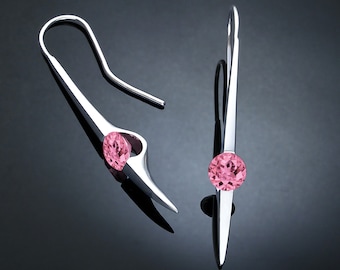pink sapphire earrings, statement earrings, fine jewelry, argentium silver, dangle earrings, modern earrings - 2444