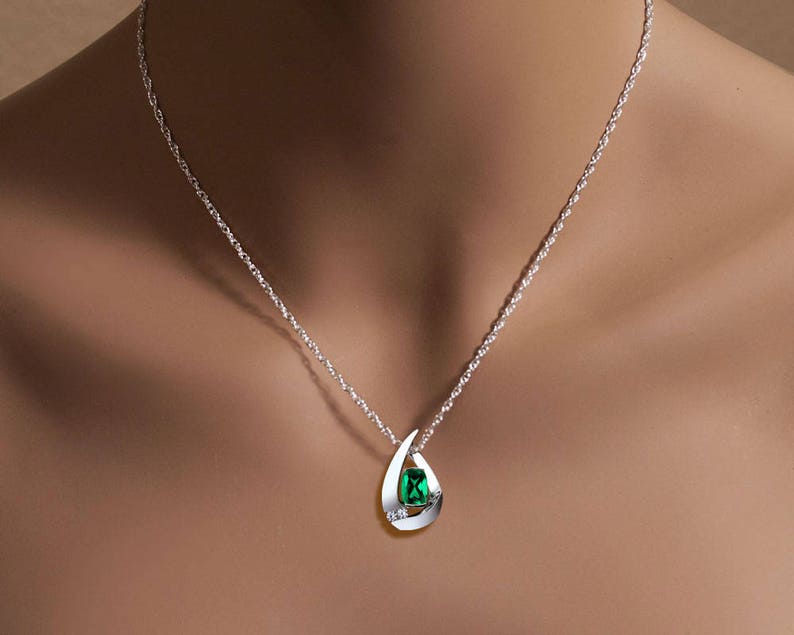 emerald necklace, emerald pendant, May birthstone, Chatham lab grown emerald, white sapphires, fine jewelry 3378 image 2