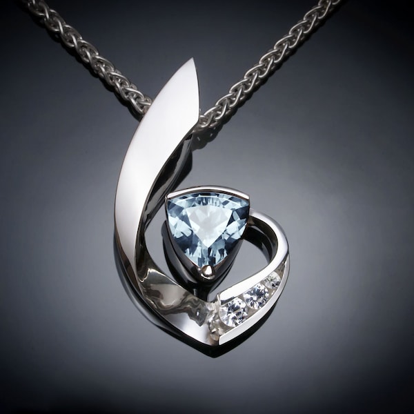 trillion aquamarine necklace with white sapphires, March birthstone, Argentium silver, wedding necklace, fine jewelry - 3466