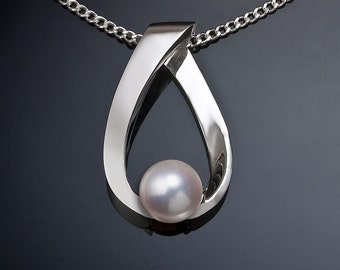 Cultured Pearl Pendant Necklace: Argentium Silver Artisan Jewelry - 3470