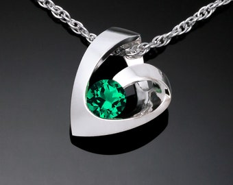 emerald necklace, heart necklace, emerald heart pendant, May birthstone, fine jewelry, lab created emerald -3501