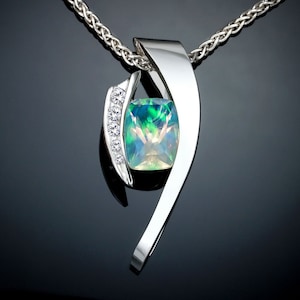 opal pendant, October birthstone, white sapphires, statement necklace, Chatham opal, Argentium silver, fine jewelry  3374