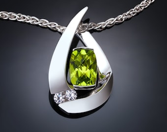 peridot necklace, peridot pendant, August birthstone, white sapphires, Argentium silver pendant, fine jewelry, artisan jewelry - 3378