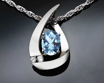 aquamarine necklace, March birthstone, aqua pendant, gemstone jewelry, blue, wedding necklace, white sapphires, Argentium silver - 3378