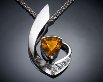 citrine necklace, November birthstone, citrine pendant, white sapphires, Argentium silver, fine jewelry, contemporary pendant - 3466