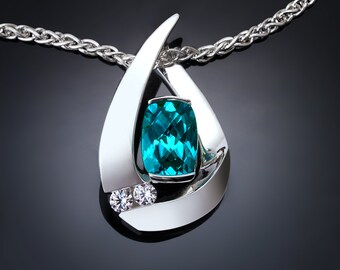 blue topaz pendant, turquoise blue topaz, Argentium silver necklace, white sapphire, blue topaz jewelry, eco-friendly - 3378