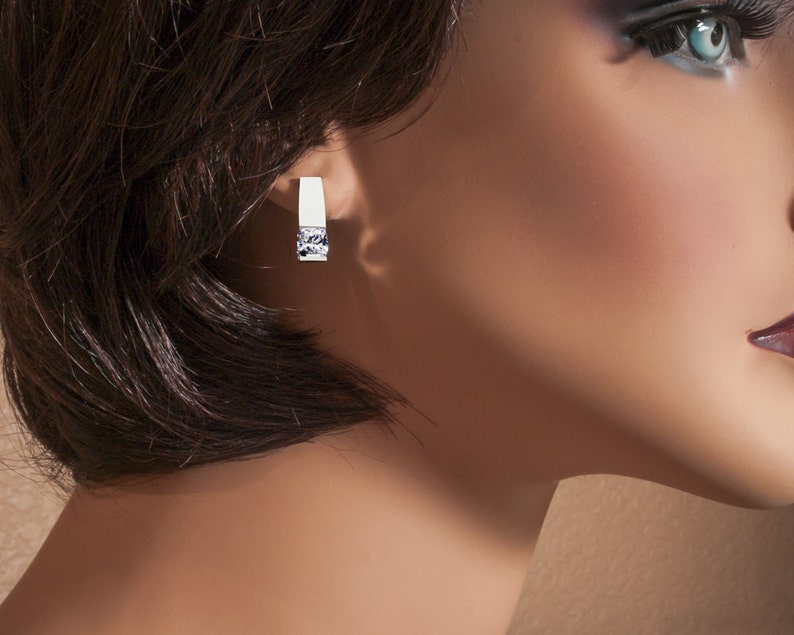 CZ earrings, silver earrings, Argentium silver, wedding earrings, eco-friendly, modern jewelry, gifts for her 2431 image 2