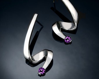 amethyst earrings - Argentium silver - February birthstone - dangle - purple - gemstone jewelry - posts - 2380