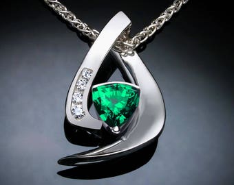 emerald necklace, May birthstone, emerald pendant, fine jewelry,  emerald jewelry, Argentium silver, trillion emerald -  3369