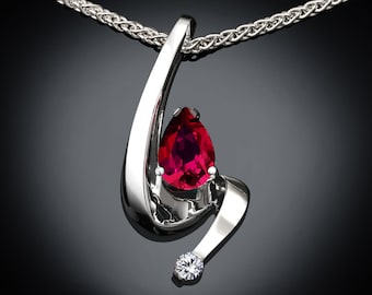 Ruby necklace, Ruby pendant,  Argentium silver, white sapphire,July birthstone, pear shape ruby, contemporary - 3380