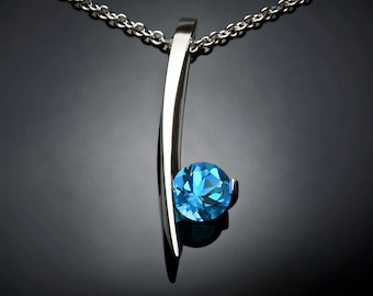 swiss blue topaz necklace, blue topaz pendant, December birthstone, blue topaz jewelry, modern, argentium silver - 3458