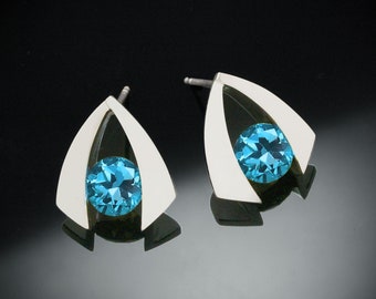 Swiss blue topaz earrings, Argentium silver earrings, December birthstone, triangular earrings - 2424