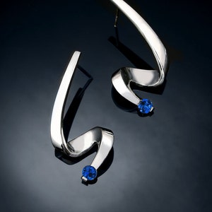 blue sapphire earrings, silver earrings, September birthstone, modern jewelry, eco friendly - 2380