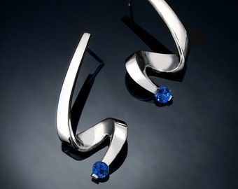 blue sapphire earrings, silver earrings, September birthstone, modern jewelry, eco friendly - 2380