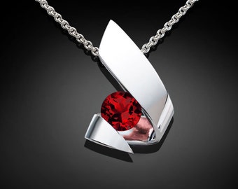 garnet necklace pendant, January birthstone, red necklace, Mozambique garnet, Argentium silver, contemporary necklace - 3440