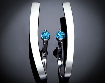 silver earrings, Swiss blue topaz, modern artisan earrings, fine jewelry, blue topaz jewelry, Argentium silver - 2001