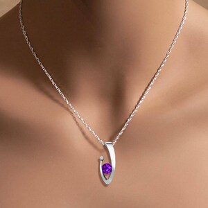 amethyst necklace, amethyst pendant, February birthstone necklace, white sapphire, contemporary necklace, Argentium silver 3418 image 2