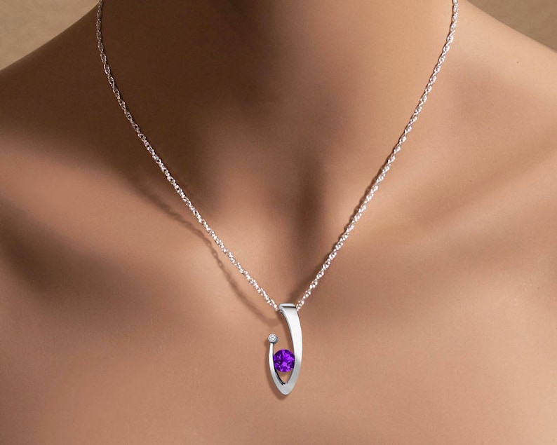 amethyst necklace, amethyst pendant, February birthstone necklace, white sapphire, contemporary necklace, Argentium silver 3418 image 2