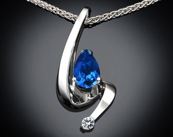 blue sapphire pendant necklace set in Argentium silver with white sapphire side stone, September birthstone, 45th anniversary - 3380